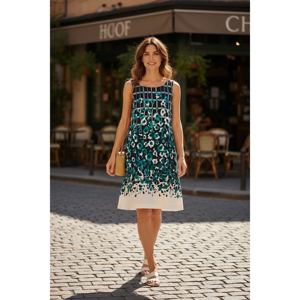 Adrianna‎ Papell Blue Teal Floral Shift Dress 10 Career Wedding Guest Preppy - Picture 2 of 9